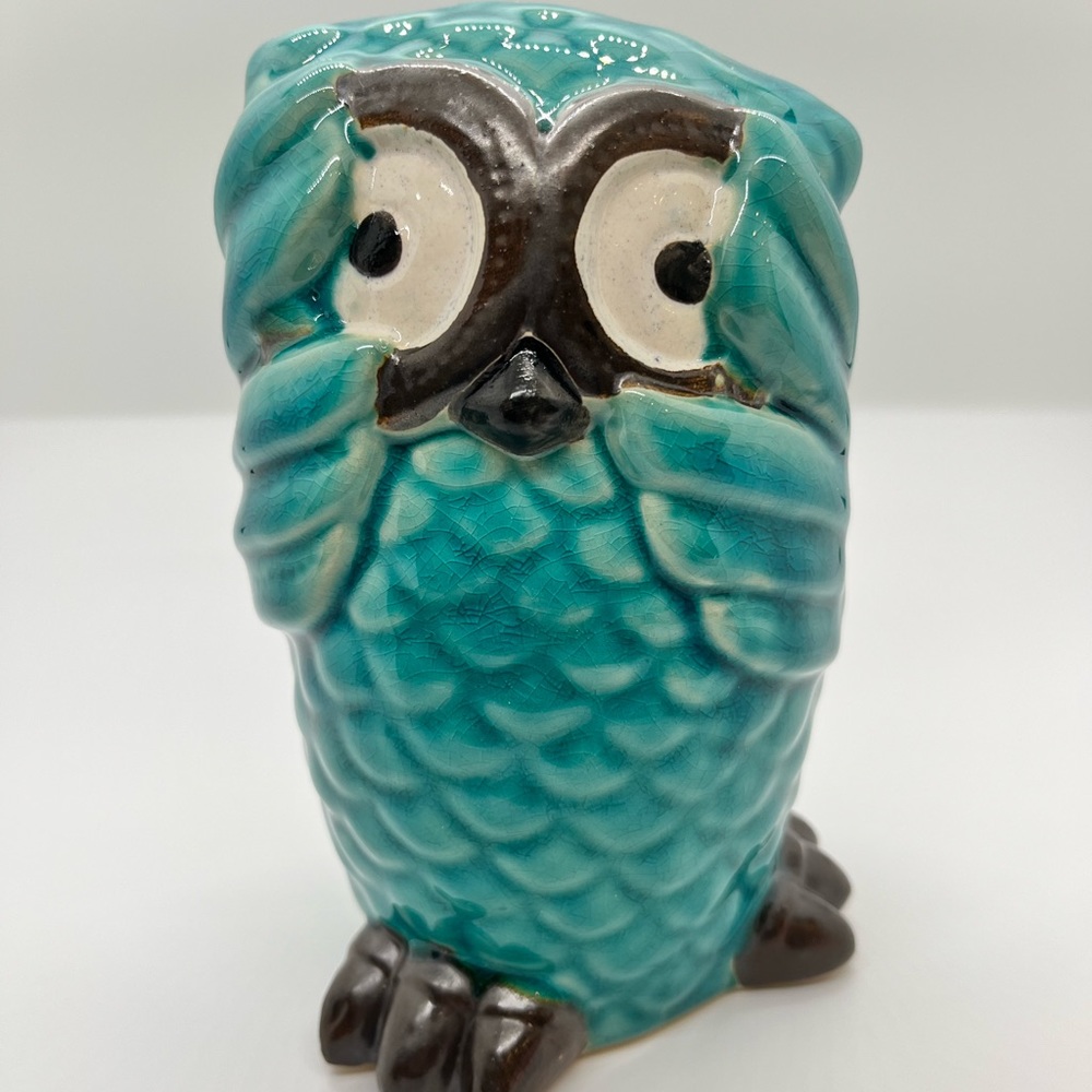 Bashful Owl 6" Glazed Ceramic Figurine Teal Blue Statue Decor Handmade Pottery